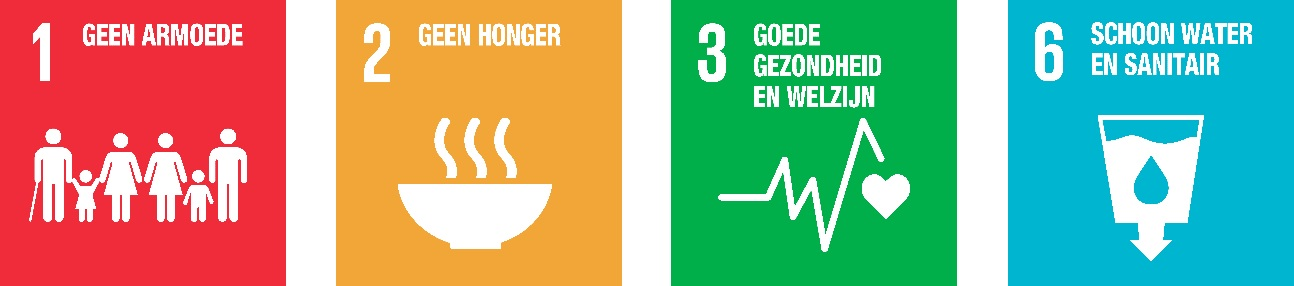 Logo's van SDG 1 Geen armoede, SDG 2 Geen honger, SDG 3 Goede gezondheid en welzijn en SDG 6 Schoon water en sanitair 