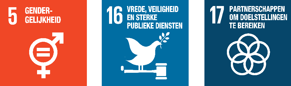 Logo's van SDG 5 Gendergelijkheid, SDG 16 Vrede, veiligheid en sterke publieke diensten en SDG 17 Partnerschappen om doelstellingen te bereiken 